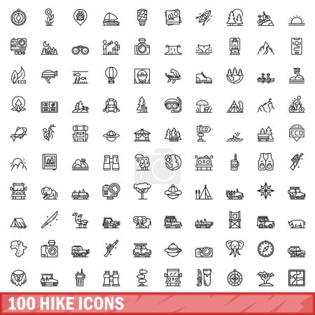 Illustration for 100 hike icons set. Outline illustration of 100 hike icons vector set isolated on white background - Royalty Free Image