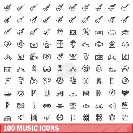 Téléchargez les illustrations : Ensemble de 100 icônes musicales. Illustration schématique de 100 icônes de musique ensemble vectoriel isolé sur fond blanc - en licence libre de droit