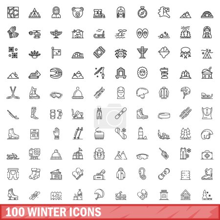 Téléchargez les illustrations : 100 icônes d'hiver. Illustration schématique de 100 icônes vectorielles d'hiver isolées sur fond blanc - en licence libre de droit