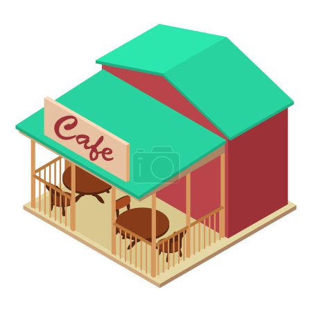 Téléchargez les illustrations : Icône bâtiment Café vecteur isométrique. Café avec table et chaise sur véranda ouverte. Établissement de restauration et de loisirs - en licence libre de droit