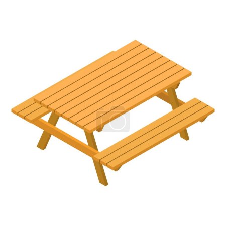 Icono de muebles de exterior vector isométrico. Nueva mesa de madera y dos banco icono. El descanso en la naturaleza, la recreación