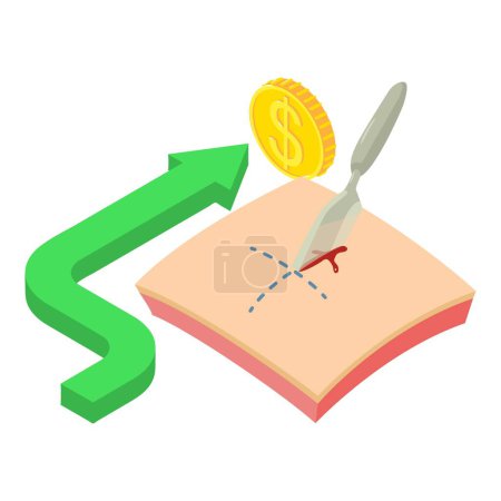 Illustration for Surgical operation icon isometric vector. Scalpel cut skin, arrow with gold coin. Paid medicine concept - Royalty Free Image