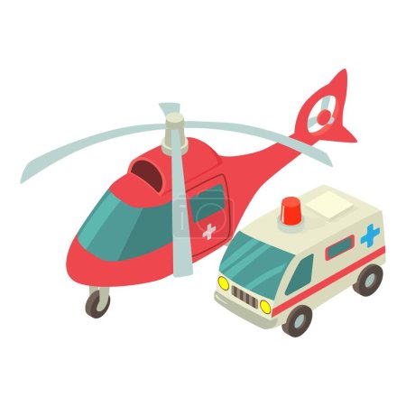Isometrischer Vektor für medizinische Transportsymbole. Roter Hubschrauber und Rettungswagen. Krankenwagen, Transport