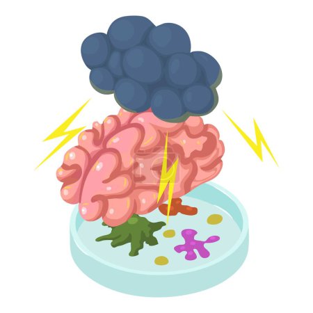 Ilustración de Icono de enfermedad cerebral vector isométrico. Nube con relámpago en el cerebro, placa de Petri. Infección bacteriana, concepto de enfermedad - Imagen libre de derechos