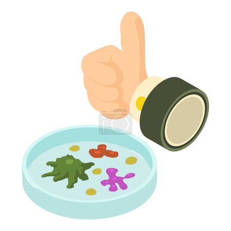 Illustration for Laboratory research icon isometric vector. Man hand with thumb up and petri dish. Medicine and healthcare concept - Royalty Free Image