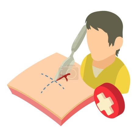 Surgical operation icon isometric vector. Male character, scalpel cut skin icon. Medicine and healthcare concept