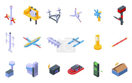 Illustration for Tidal energy icons set isometric vector. Green ecology. Electric recycle - Royalty Free Image