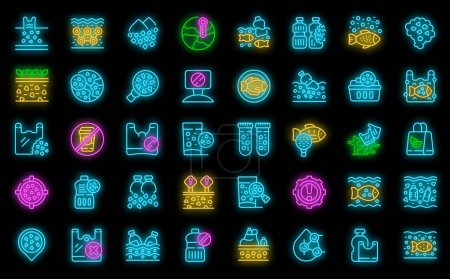 Microplastics pollution icons set outline vector. Fish environment. Ocean plastic neon color on black