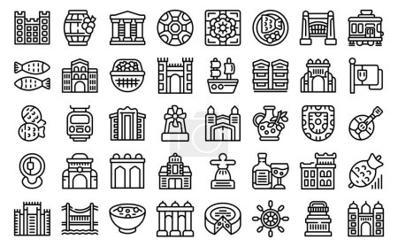 Téléchargez les illustrations : Les icônes de Lisbonne définissent le vecteur de contour. Château du Portugal. Voyage Skyline - en licence libre de droit