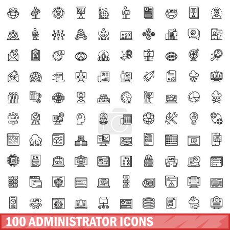Téléchargez les illustrations : Ensemble de 100 icônes d'administrateur. Illustration schématique de 100 icônes d'administrateur ensemble vectoriel isolé sur fond blanc - en licence libre de droit