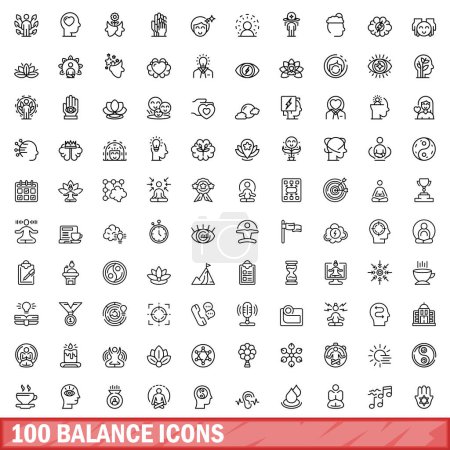 100 iconos de equilibrio establecidos. Esquema ilustración de 100 iconos de equilibrio conjunto de vectores aislados sobre fondo blanco