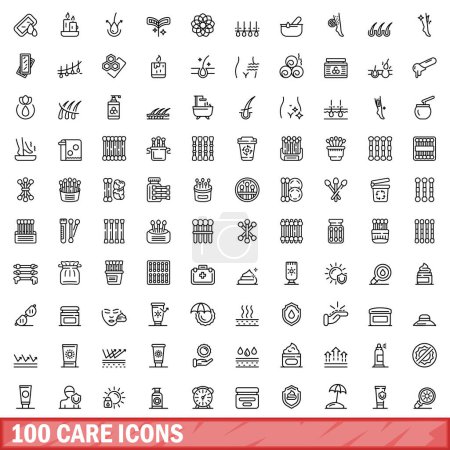 Téléchargez les illustrations : Ensemble de 100 icônes soins. Illustration schématique de 100 icônes de soins ensemble vectoriel isolé sur fond blanc - en licence libre de droit