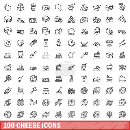 Téléchargez les illustrations : Ensemble de 100 icônes au fromage. Illustration schématique de 100 icônes de fromage ensemble vectoriel isolé sur fond blanc - en licence libre de droit