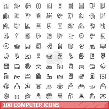 Ilustración de 100 iconos de ordenador configurados. Esquema ilustración de 100 iconos de ordenador conjunto de vectores aislados sobre fondo blanco - Imagen libre de derechos