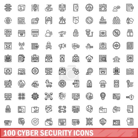 Téléchargez les illustrations : Ensemble de 100 icônes de cybersécurité. Illustration schématique de 100 vecteurs d'icônes de cybersécurité isolés sur fond blanc - en licence libre de droit