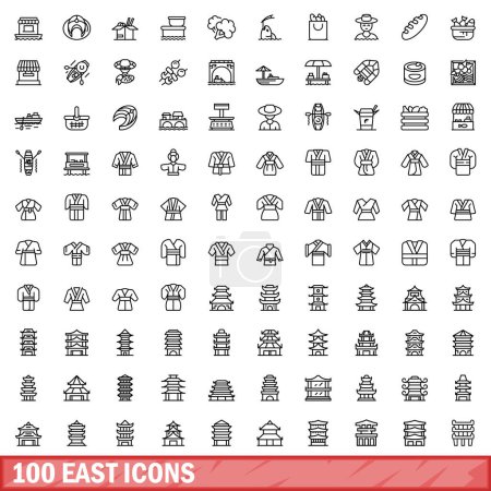 Téléchargez les illustrations : Ensemble de 100 icônes est. Illustration schématique de 100 vecteurs d'icônes orientales isolés sur fond blanc - en licence libre de droit