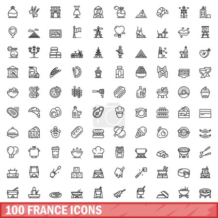 Téléchargez les illustrations : Ensemble de 100 icônes france. Illustration de l'ensemble vectoriel de 100 icônes france isolées sur fond blanc - en licence libre de droit