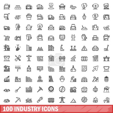 Téléchargez les illustrations : 100 icônes de l'industrie ensemble. Illustration schématique de 100 icônes de l'industrie ensemble vectoriel isolé sur fond blanc - en licence libre de droit