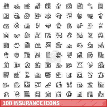 Téléchargez les illustrations : Ensemble de 100 icônes d'assurance. Illustration schématique de 100 icônes d'assurance ensemble vectoriel isolé sur fond blanc - en licence libre de droit