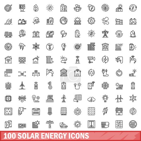 Téléchargez les illustrations : Ensemble de 100 icônes d'énergie solaire. Illustration schématique de 100 icônes de l'énergie solaire ensemble vectoriel isolé sur fond blanc - en licence libre de droit
