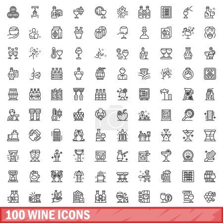 Téléchargez les illustrations : Ensemble de 100 icônes du vin. Illustration schématique de 100 icônes de vin ensemble vectoriel isolé sur fond blanc - en licence libre de droit