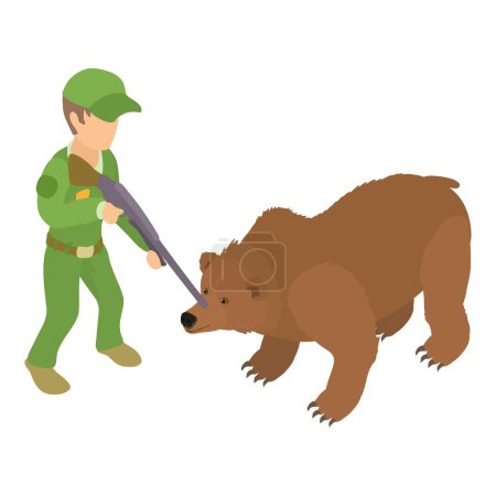 Téléchargez les illustrations : Ours capture icône vecteur isométrique. Homme en uniforme avec fusil à la main et ours. Piégeage d'animaux sauvages - en licence libre de droit