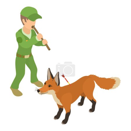 Illustration for Fox capturing icon isometric vector. Man with blowpipe with dart near wild fox. Trapping of wild animal - Royalty Free Image