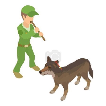 Illustration for Wolf capturing icon isometric vector. Man with blowpipe with dart near wild wolf. Trapping of wild animal - Royalty Free Image