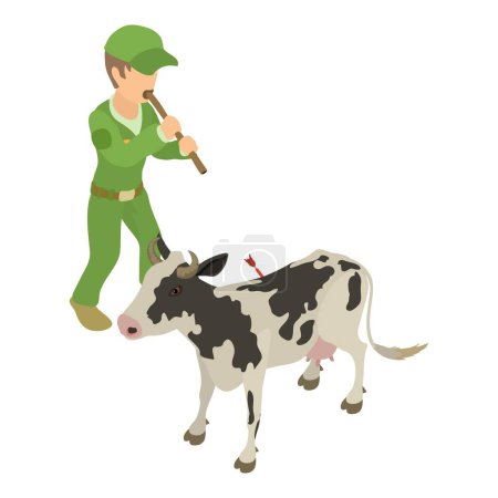 Illustration for Animal vaccination icon isometric vector. Man with blowpipe with dart near cow. Cattle vaccination - Royalty Free Image
