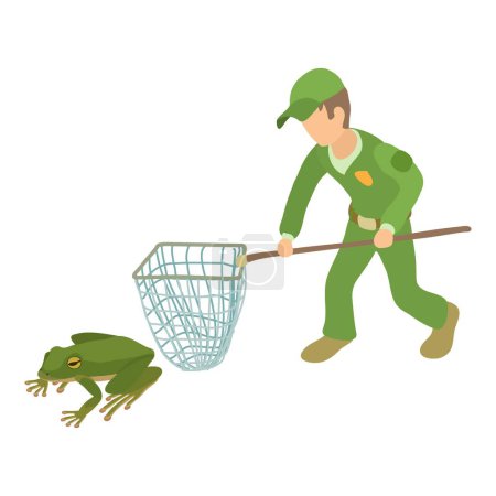 Ilustración de Icono de captura de ranas vector isométrico. Hombre de uniforme con red de aterrizaje cerca de rana. Captura de animales de sangre fría - Imagen libre de derechos