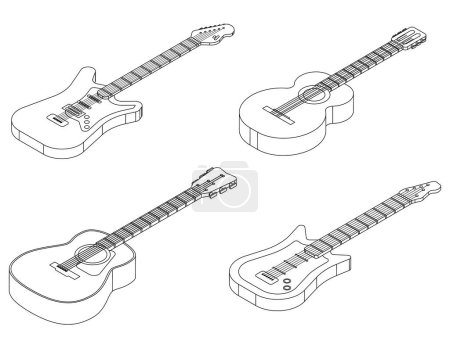 Illustration for Guitar icons set. Isometric set of guitar vector icons outline vector on white background - Royalty Free Image
