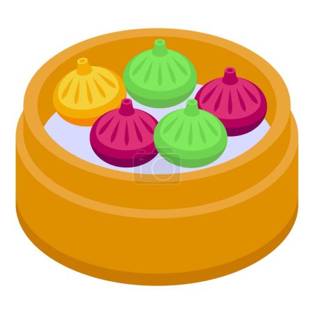 Téléchargez les illustrations : Baozi vapeur colorée icône vecteur isométrique. Nourriture chinoise. Pain asiatique - en licence libre de droit