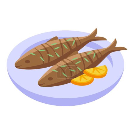 Téléchargez les illustrations : Icône de poisson hareng frit vecteur isométrique. Sardine marine. Fruits de mer bruts - en licence libre de droit