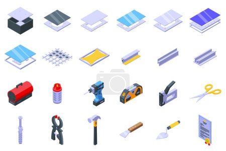 Illustration for Stretch ceiling icons set isometric vector. Energy house. House livingroom - Royalty Free Image