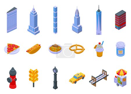 Ilustración de Los iconos de Nueva York establecen el vector isométrico. skyline de la ciudad. Calle Nyc - Imagen libre de derechos