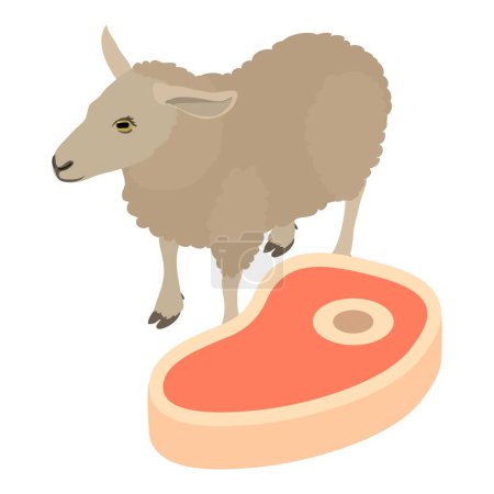 Téléchargez les illustrations : Icône de viande ovine vecteur isométrique. Filet de viande fraîche avec os et icône de mouton. Thème alimentaire - en licence libre de droit