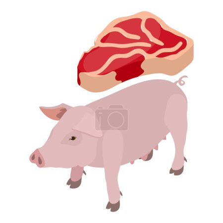 Illustration for Pork meat icon isometric vector. Pink pig animal and fresh meat tenderloin icon. Food theme - Royalty Free Image