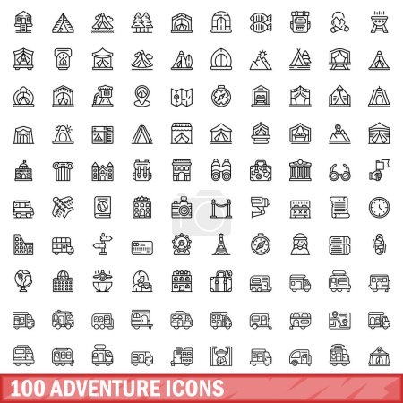 Téléchargez les illustrations : Ensemble de 100 icônes d'aventure. Illustration schématique de 100 icônes d'aventure ensemble vectoriel isolé sur fond blanc - en licence libre de droit