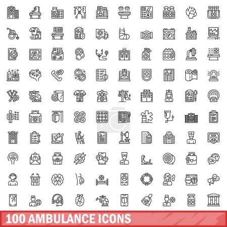 100 Rettungswagen sind im Einsatz. Umriss Illustration von 100 Krankenwagen Symbole Vektor gesetzt isoliert auf weißem Hintergrund