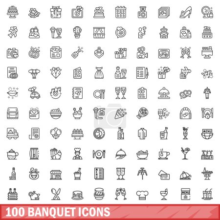 Téléchargez les illustrations : Ensemble de 100 icônes de banquet. Illustration schématique de 100 icônes de banquet ensemble vectoriel isolé sur fond blanc - en licence libre de droit