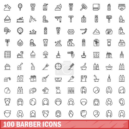 Ilustración de 100 iconos de peluquero. Esquema ilustración de 100 iconos de barbero vector conjunto aislado sobre fondo blanco - Imagen libre de derechos