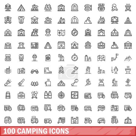 Téléchargez les illustrations : 100 icônes de camping ensemble. Illustration schématique de 100 icônes de camping ensemble vectoriel isolé sur fond blanc - en licence libre de droit