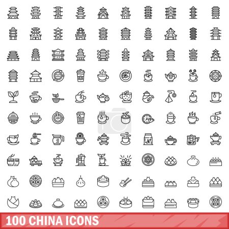 Ilustración de 100 iconos de porcelana. Esquema ilustración de 100 iconos de porcelana vector conjunto aislado sobre fondo blanco - Imagen libre de derechos