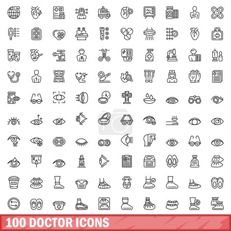 Téléchargez les illustrations : Ensemble de 100 icônes de médecin. Illustration schématique de 100 icônes médecin ensemble vectoriel isolé sur fond blanc - en licence libre de droit