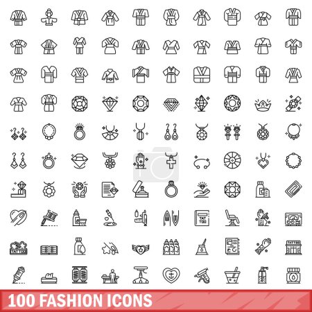 Téléchargez les illustrations : Ensemble de 100 icônes de mode. Illustration schématique de 100 icônes de mode ensemble vectoriel isolé sur fond blanc - en licence libre de droit