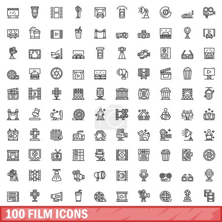 Ilustración de 100 iconos de película. Esquema ilustración de 100 iconos de película vector conjunto aislado sobre fondo blanco - Imagen libre de derechos