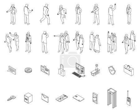 Illustration for Personal guard icons set. Isometric set of personal guard vector icons outline on white thin line collection - Royalty Free Image