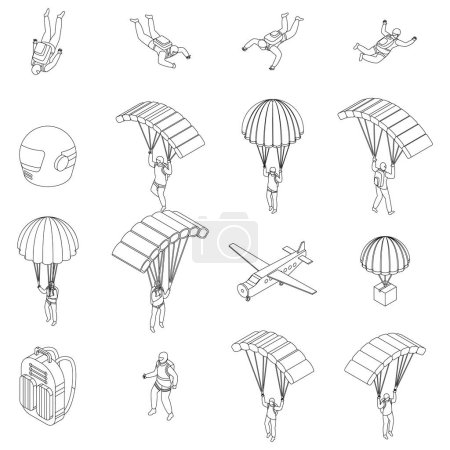Conjunto de iconos de paracaidismo. Conjunto isométrico de iconos vectoriales de paracaidismo en la colección de líneas delgadas blancas
