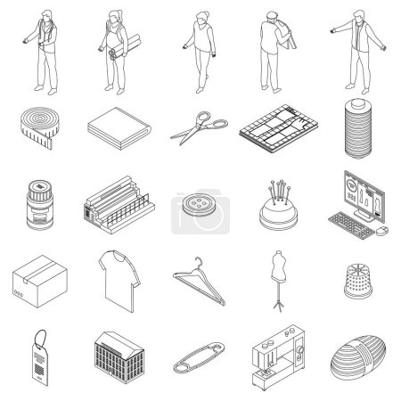 Illustration for Textile production icons set. Isometric set of textile production vector icons outline on white thin line collection - Royalty Free Image