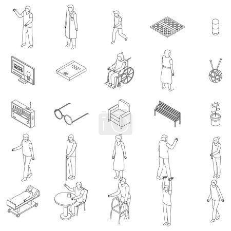Nursing home icons set. Isometric set of nursing home vector icons outline on white thin line collection